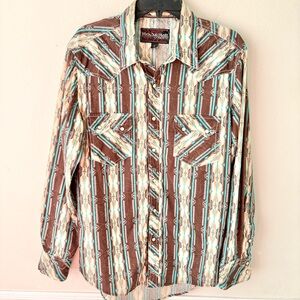 Rock & Roll Cowboy Turquoise Brown Tan Pearl Snap Western Shirt